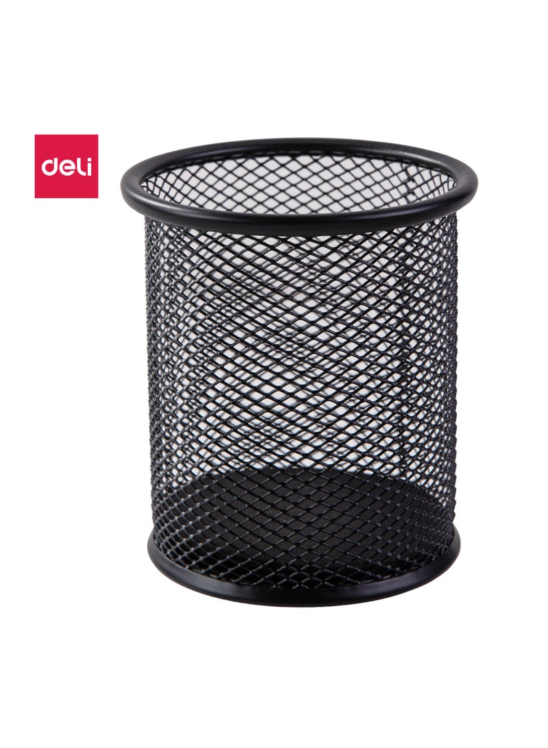 Deli E9172 Black Pen Holder - Durable Mesh Steel Material, φ91×98mm - Image 1