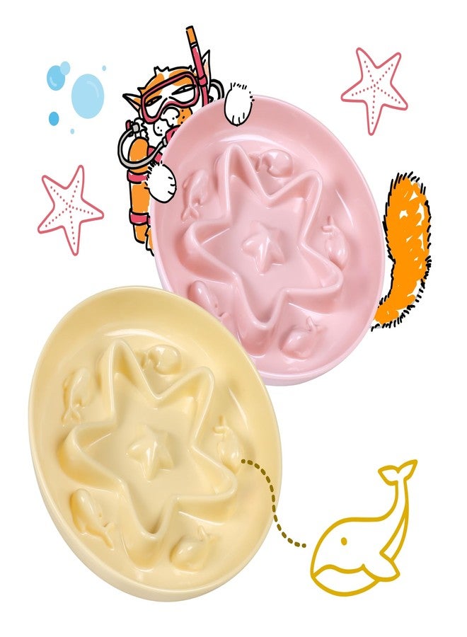 Tafelf 2 Pcs Cat Slow Feeder Bowl – Whisker Friendly Melamine Puzzle Feeding Cat Bowl for Slow Eating – Wet & Dry Food – Dishwasher Safe, Lightweight, Non-Slip (Buttercream + Coral Pink, 6.3'') - Image 1