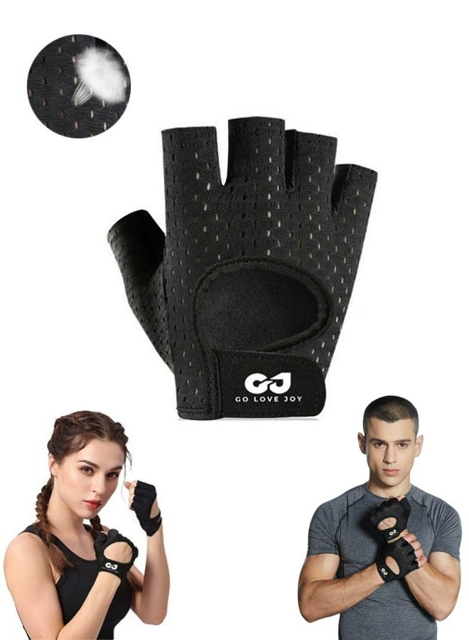 GO LOVE JOY Semi Finger Workout Gloves For Men Women Palm Protection Lightweight Breathable Gym Weight Lifting Gloves Anti Slip Sweat Absorbent Fitness Training Exercise Cycling Hiking Sports Gloves Black - Image 1