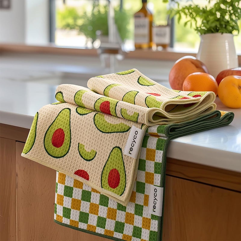 RECYCO Waffle Kitchen Towel Set of 2 - Quick Dry Microfiber Sustainable Dish Towels - Ultra Absorbent Reusable Cleaning Tea Towels - Lightweight Hand Towels,16”x 28”, Avocado Vibes - Image 1