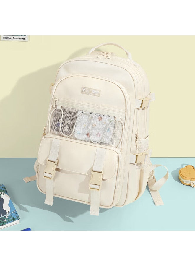 V.nine Middle School Student Backpack, Large Capacity For Girls, Suitable For Junior And Senior High School Students, Uni Backpack, Multifunctional Laptop Bag, Off-white Color - Image 1