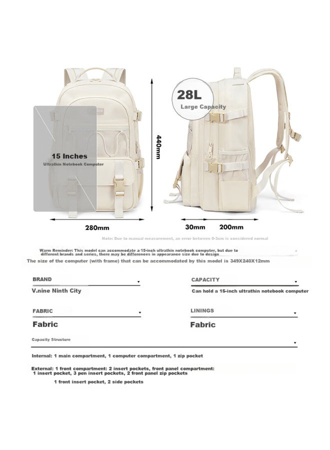 V.nine Middle School Student Backpack, Large Capacity For Girls, Suitable For Junior And Senior High School Students, Uni Backpack, Multifunctional Laptop Bag, Off-white Color - Image 3