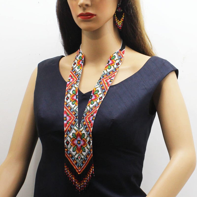 BeadsCorner Native Tribal Style Long Statement Beaded Necklace for Women Handmade (Red Orange Southwest) - Image 2