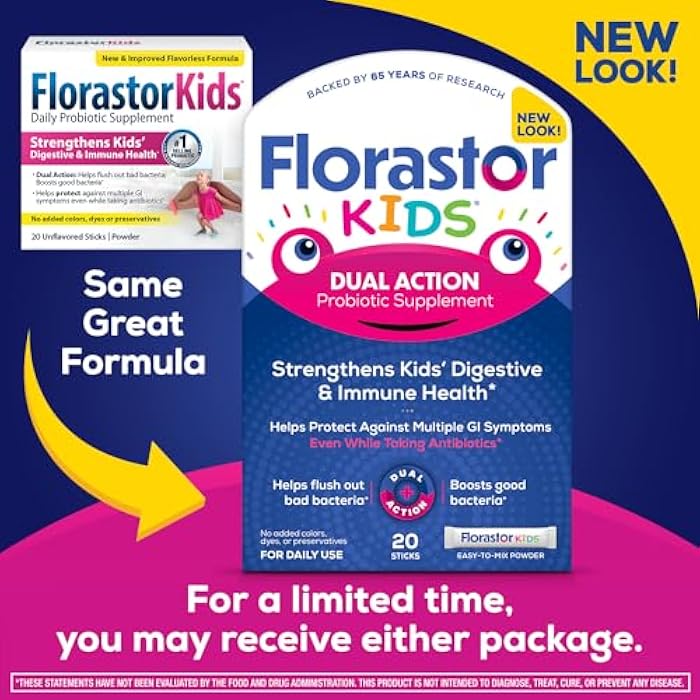 Florastor Kids Dual Action Probiotic Supplement, Strengthens Kids' Digestive & Immune Health, 20 Easy-to Mix Powder Sticks, Packaging May Vary - Image 2