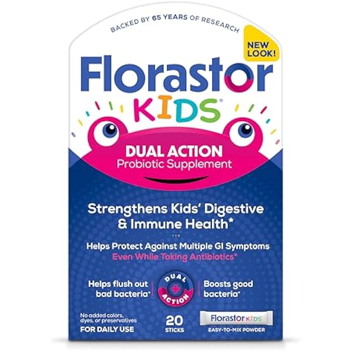 Florastor Kids Dual Action Probiotic Supplement, Strengthens Kids' Digestive & Immune Health, 20 Easy-to Mix Powder Sticks, Packaging May Vary - Image 1
