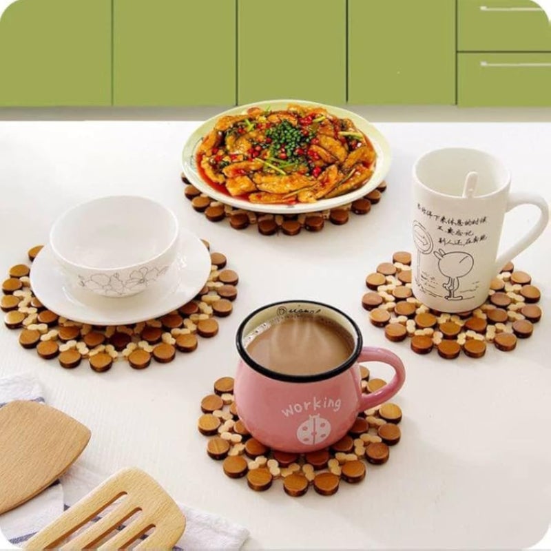 Bamboo Wood Coaster Set, Floral Pattern Hot Pot Holders, Natural Brown, Heat Resistant Trivets for Kitchen, Dining Table