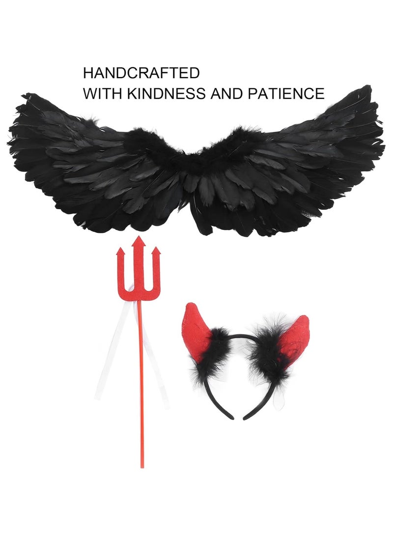 Jorunb Devil Wing,Wings and Halo for Kids with Wand,Feather Wing Dress Up Pretend Play,Fallen Dark Costume for Cosplay Party - Image 3