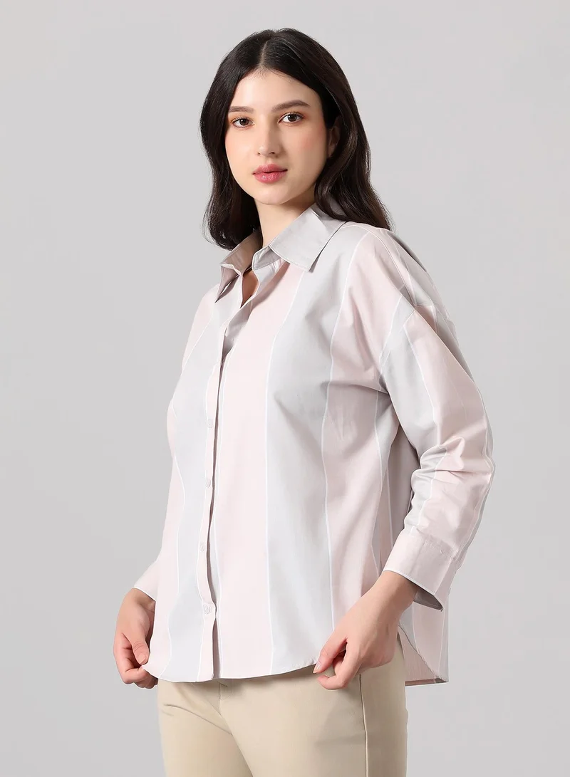 Pinacolada  Women's Baby Pink & Baby Blue Panel-Striped Oversized Shirt for Women | Best Price UAE