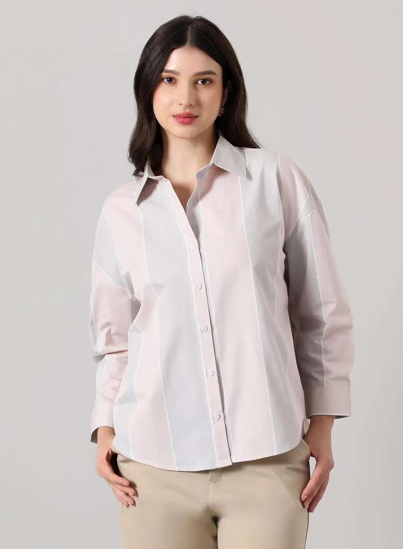 بينيا كولادا قميص نسائي مخطط بقصة واسعة بياقة عريضة وأكمام طويلة بأزرار، قميص منسوج للارتداء اليومي والكاجوال، وردي فاتح وأزرق فاتح