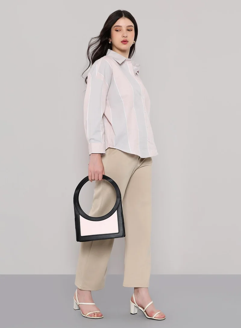 Pinacolada  Women's Baby Pink & Baby Blue Panel-Striped Oversized Shirt for Women | Best Price UAE