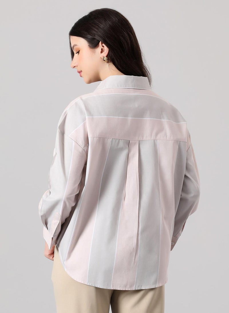 PINACOLADA Women's Baby Pink & Baby Blue Panel-Striped Oversized Shirt - Image 5
