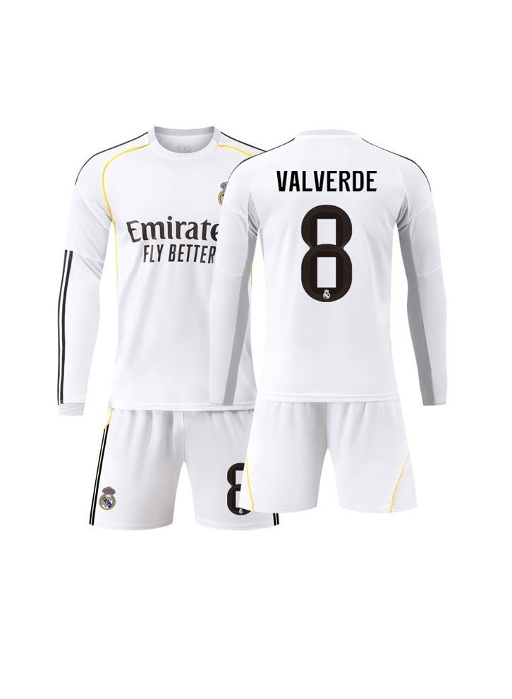 ريال مدريد 2025-2026 ريال مدريد المنزل لكرة القدم موحدة #8 فالفيردي بأكمام طويلة لكرة القدم جيرسي السراويل دعوى حجم الأطفال والكبار حجم الهدايا للجماهير والأصدقاء - Image 1