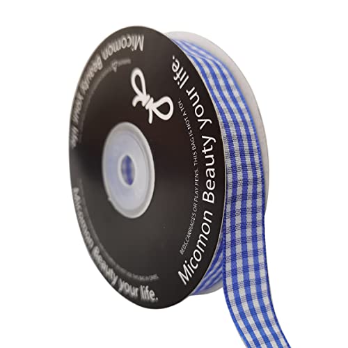 Micomon Blue and White Woven Edge Plaid Ribbon 100% Polyester Gingham Ribbon 25 Yards Each Roll (5/8", Blue) - Image 1
