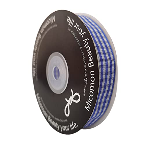 Micomon Blue and White Woven Edge Plaid Ribbon 100% Polyester Gingham Ribbon 25 Yards Each Roll (5/8", Blue) - Image 2