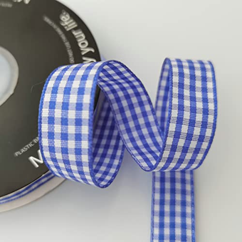 Micomon Blue and White Woven Edge Plaid Ribbon 100% Polyester Gingham Ribbon 25 Yards Each Roll (5/8", Blue) - Image 5