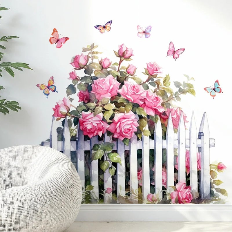 Pink Rose Fence Flowers Wall Sticker - Image 3