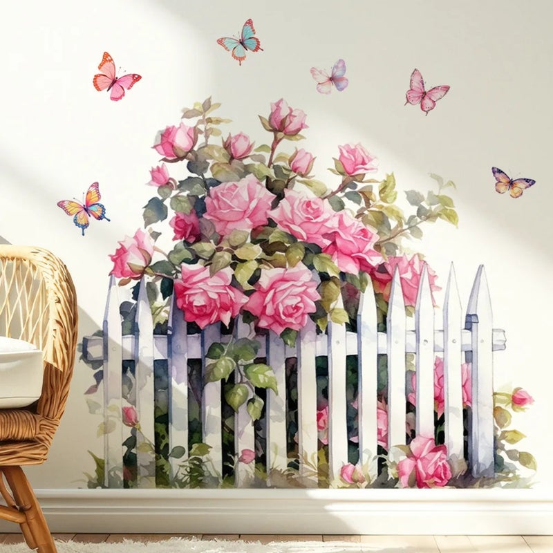 Pink Rose Fence Flowers Wall Sticker - Image 1