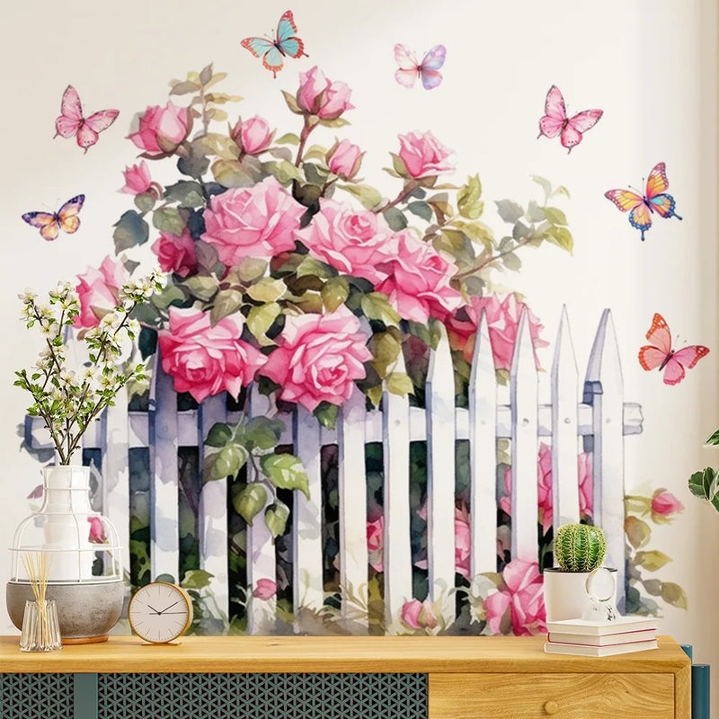 Pink Rose Fence Flowers Wall Sticker - Image 4