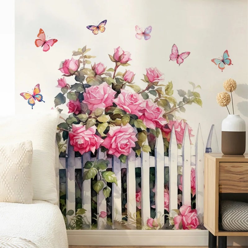 Pink Rose Fence Flowers Wall Sticker - Image 5