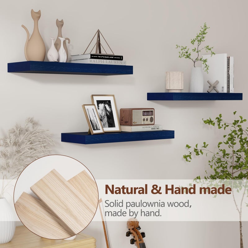 fuqing Blue Floating Shelves for Wall - Wood Wall Shelves Set of 3 - Dark Blue Shelves for Room Decor & Storage in Bedroom Living Room Bathroom Kitchen - Image 4