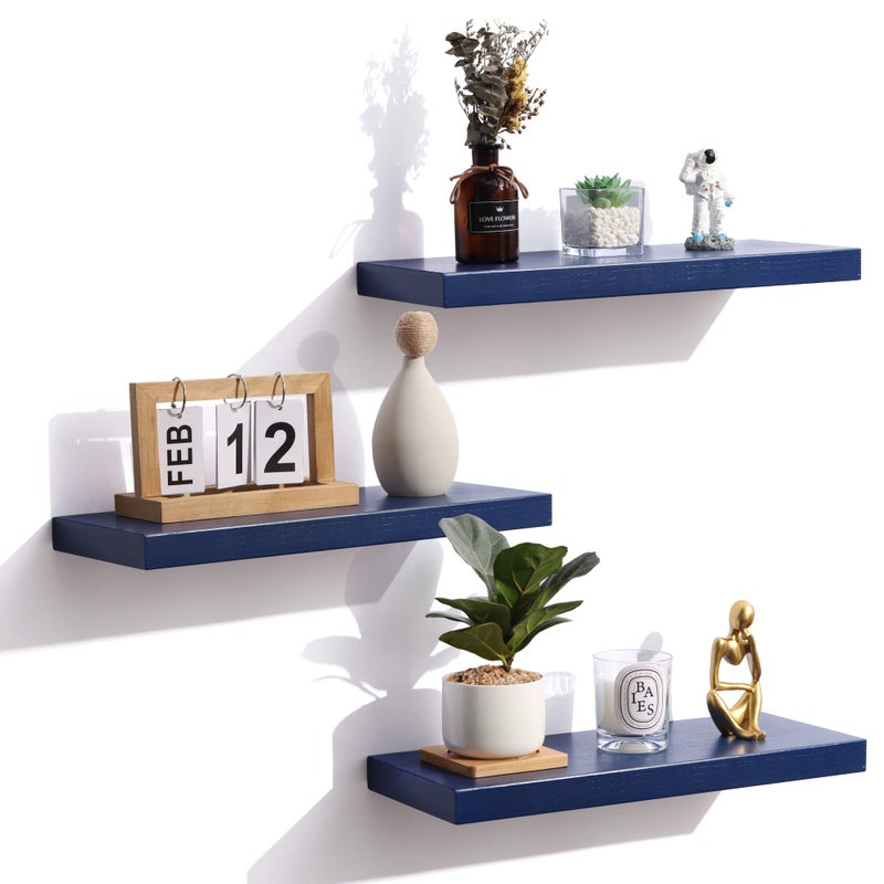 fuqing Blue Floating Shelves for Wall - Wood Wall Shelves Set of 3 - Dark Blue Shelves for Room Decor & Storage in Bedroom Living Room Bathroom Kitchen - Image 2