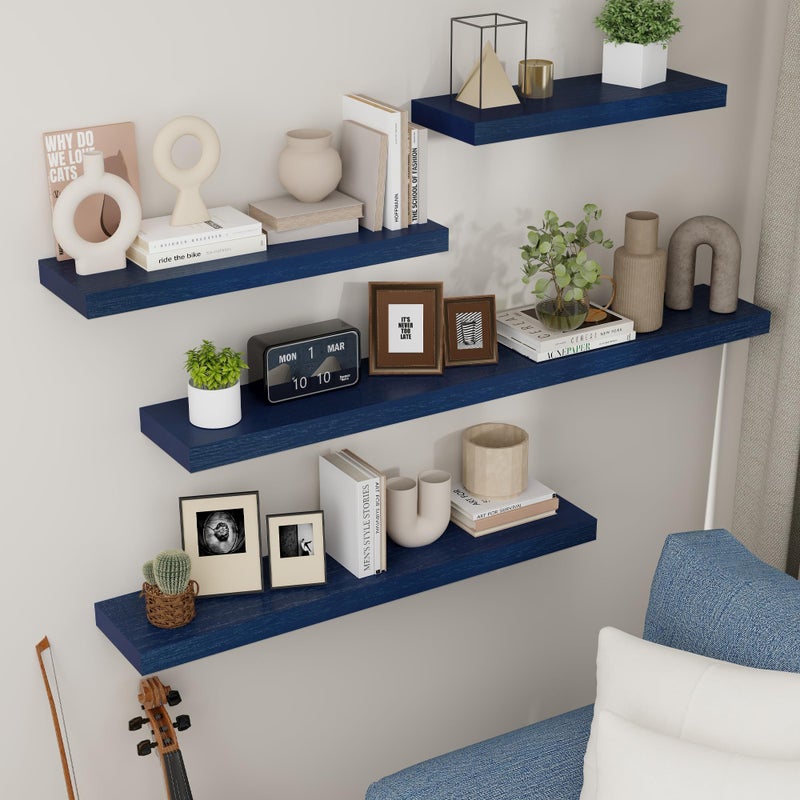 fuqing Blue Floating Shelves for Wall - Wood Wall Shelves Set of 3 - Dark Blue Shelves for Room Decor & Storage in Bedroom Living Room Bathroom Kitchen - Image 5