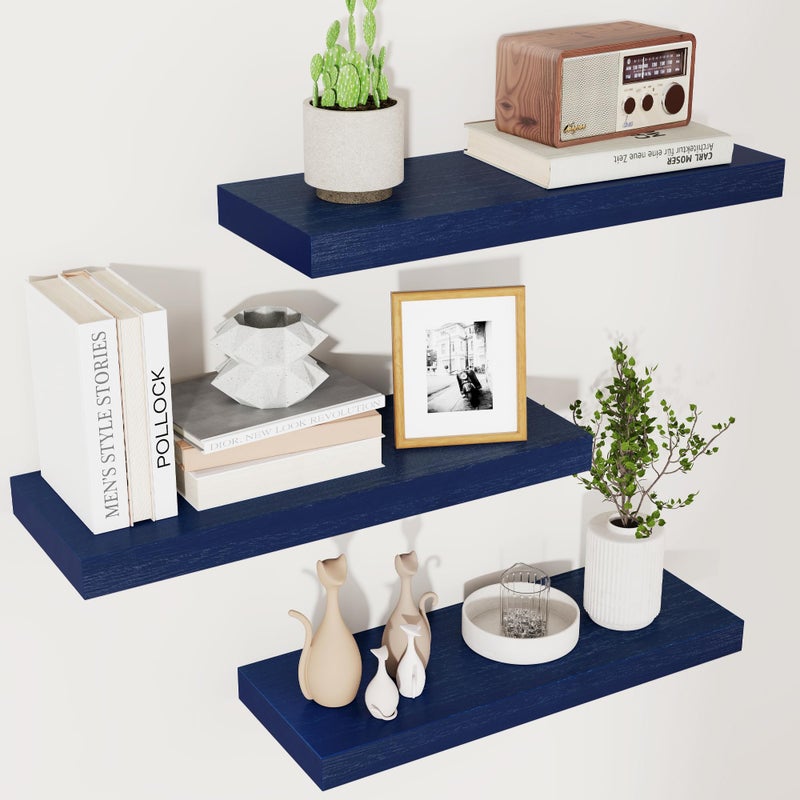 fuqing Blue Floating Shelves for Wall - Wood Wall Shelves Set of 3 - Dark Blue Shelves for Room Decor & Storage in Bedroom Living Room Bathroom Kitchen - Image 1