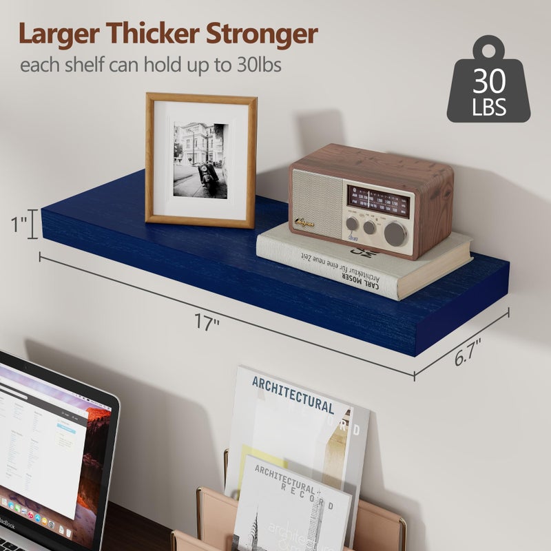 fuqing Blue Floating Shelves for Wall - Wood Wall Shelves Set of 3 - Dark Blue Shelves for Room Decor & Storage in Bedroom Living Room Bathroom Kitchen - Image 3
