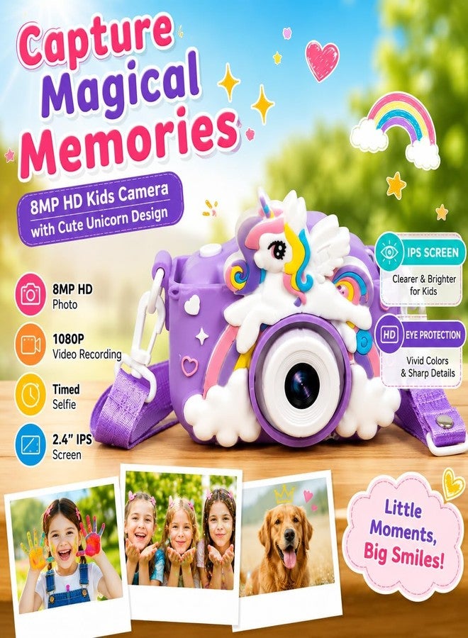 Brand Conquer Kids Camera for Girls with Unicorn Design, HD Digital Camera for Children Age 3-10, Rechargeable Mini Toddler Camera with 2.4” IPS Screen, Selfie, Video Recording, Games & Strap (Purple) - Image 3