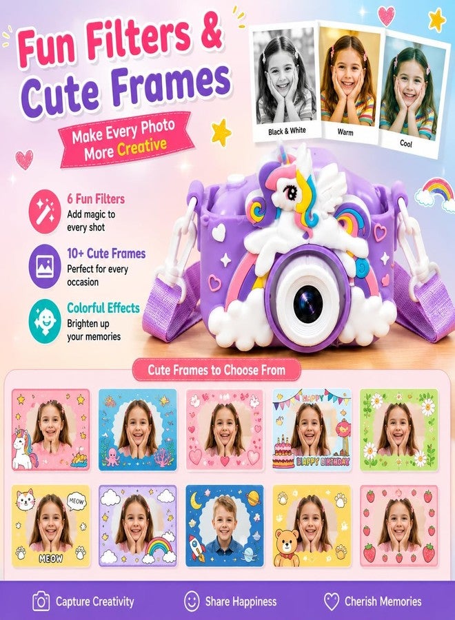 Brand Conquer Kids Camera for Girls with Unicorn Design, HD Digital Camera for Children Age 3-10, Rechargeable Mini Toddler Camera with 2.4” IPS Screen, Selfie, Video Recording, Games & Strap (Purple) - Image 4