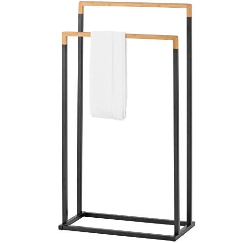 MyGift 33 Inch Free Standing Towel Rack for Bathroom Freestanding Bath Towel Holder with 2 Tier Bamboo Wood Bar and Black Chrome Plated Metal Drying Rack Stand Laundry - Image 1