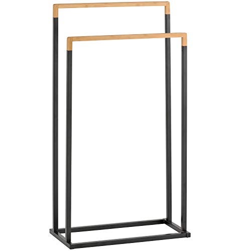 MyGift 33 Inch Free Standing Towel Rack for Bathroom Freestanding Bath Towel Holder with 2 Tier Bamboo Wood Bar and Black Chrome Plated Metal Drying Rack Stand Laundry - Image 3