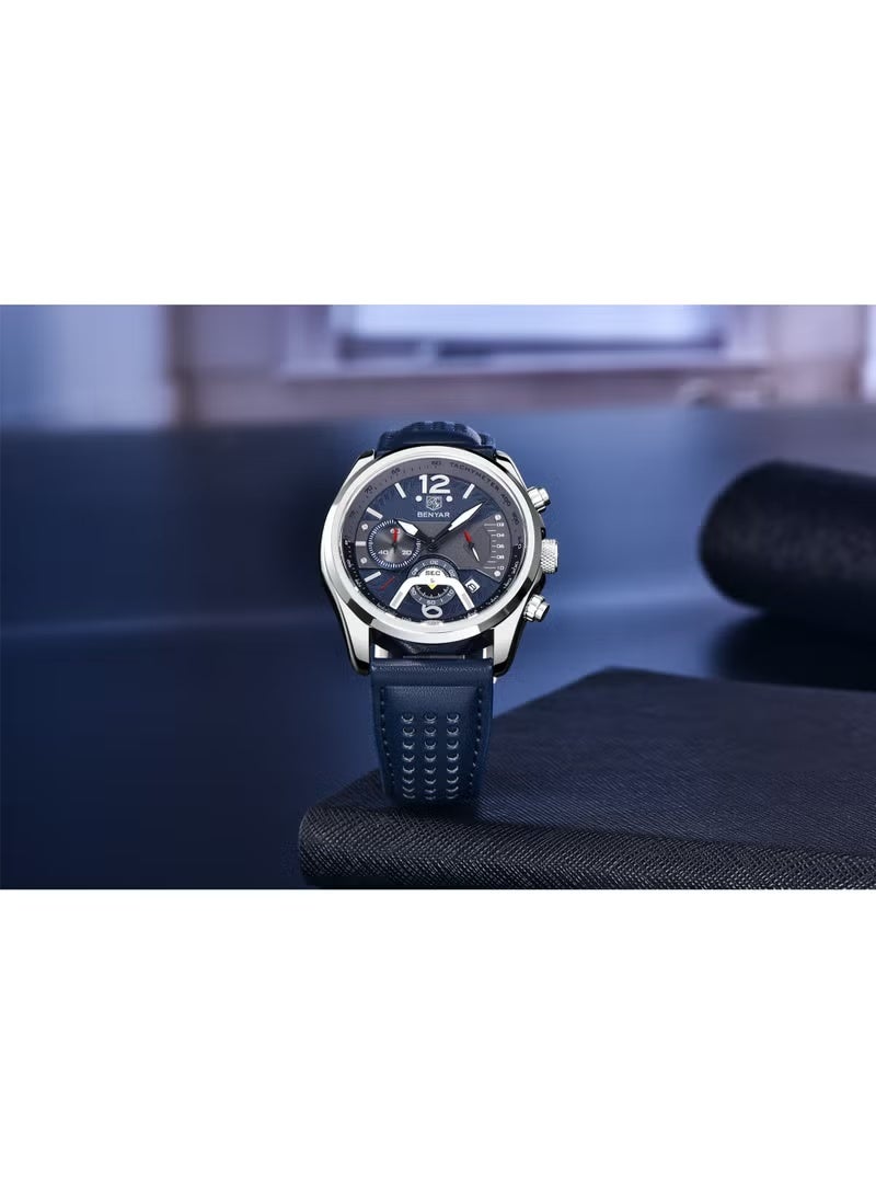 BENYAR Watches for Men Luxury Quartz Water Resistant Watch Men's Chronograph Genuine Leather Strap 5171 Blue - Image 5