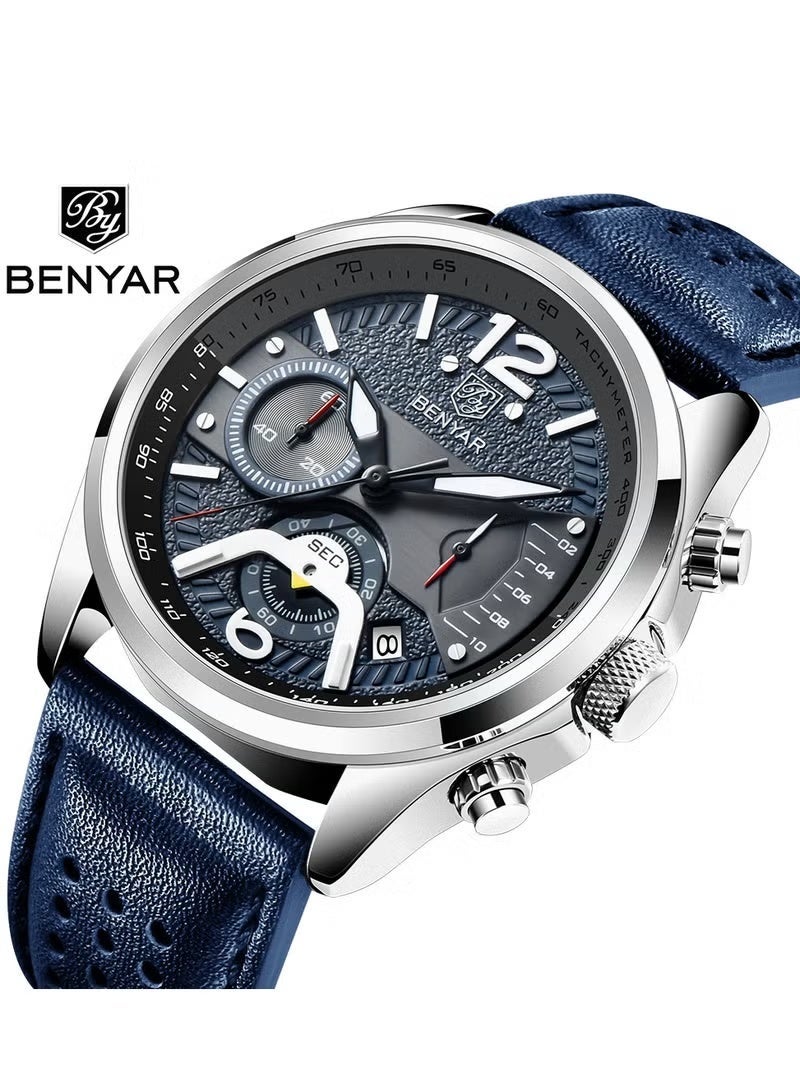 BENYAR Watches for Men Luxury Quartz Water Resistant Watch Men's Chronograph Genuine Leather Strap 5171 Blue - Image 2