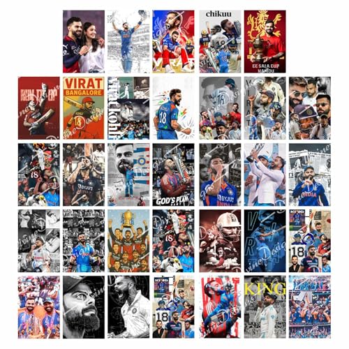 DivineDesigns 33pcs. Virat Kohli Wall Collage Kit Poster | Poster for Wall Decoration | Wall Art For Bedroom, Office, Living room, (6 inch X 4 inch) Set of 33 Virat Kohli Prints Vinyl (Rolled) - Image 1