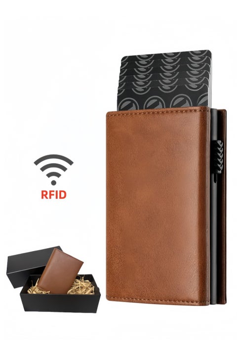 Credit Card Holder Wallet for Men RFID Blocking Anti Theft Genuine Leather Pop Up Card Wallet with Banknote Compartment, ID Window, Coin Pocket and Magnetic Closure for Men Gifts - Tawny