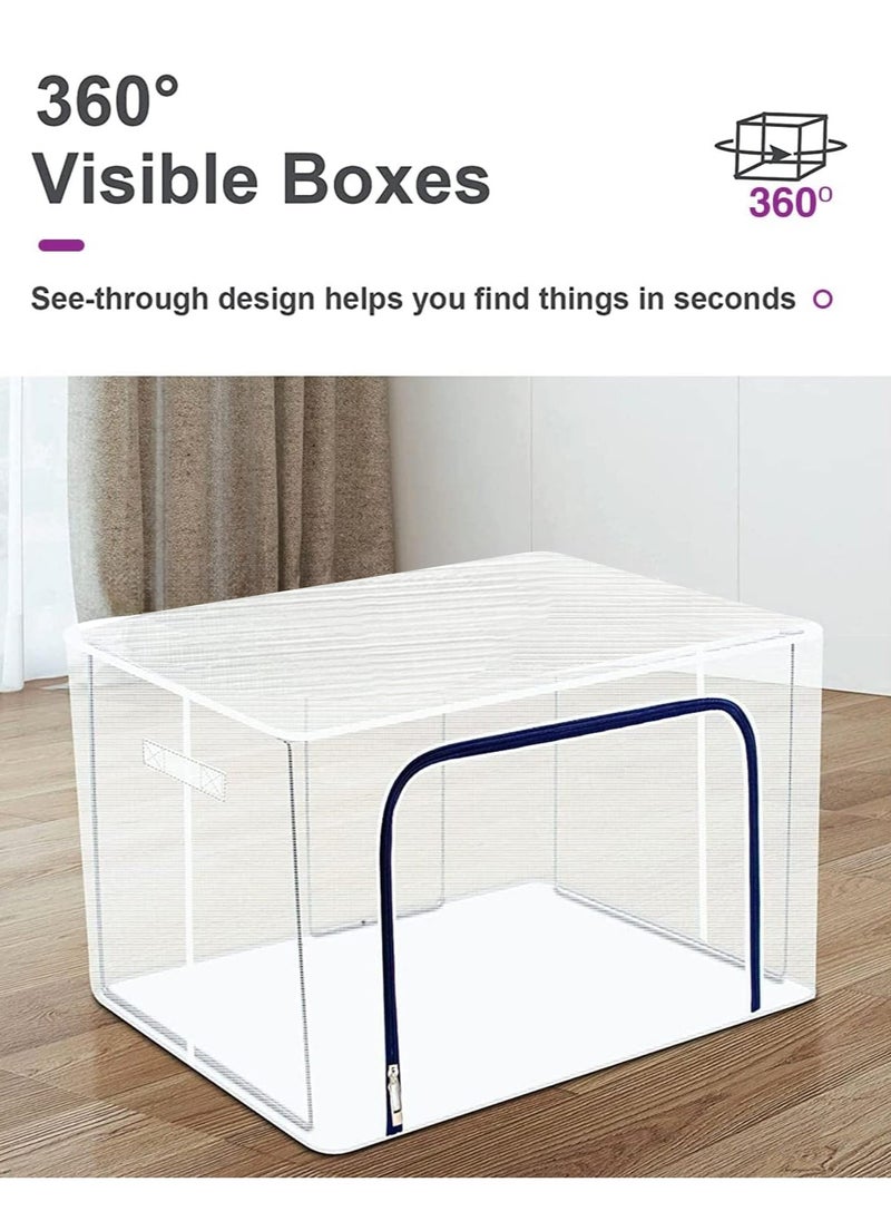 2 Pack Foldable Stackable Large Capacity Clear Clothes Storage, Drawer Storage Organizer, Closet Organizer Basket, Cloth Container Bins with Metal Frame, Clear Window