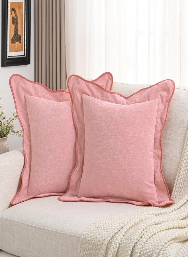 FUTEI Soft Cozy Pink Chenille Decorative Throw Pillow Covers 18x18 Inch Set of 2,Double Stitch Scalloped Bordered Cushion Case,Modern Home Decor for Couch Bed Living Room - Image 1