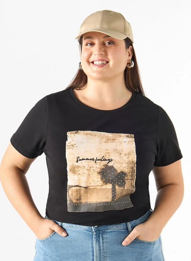 Ulla Popken Plus Size Ulla Popken Graphic Print T-shirt with Short Sleeves