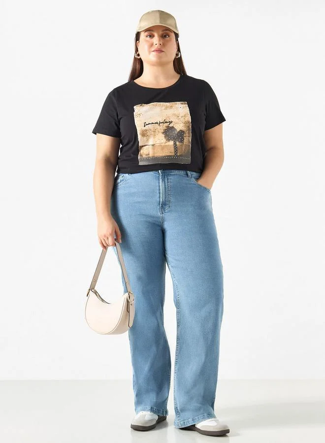 Ulla Popken Plus Size Ulla Popken Graphic Print T-shirt with Short Sleeves