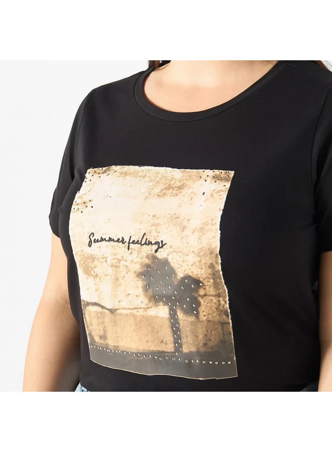 Ulla Popken Plus Size Ulla Popken Graphic Print T-shirt with Short Sleeves