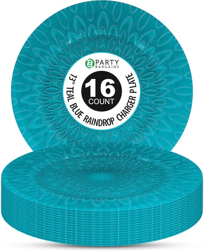 13 INCH PLASTIC CHARGER PLATES RAINDROP TRANSPARENT TEAL BLUE 16 PACK