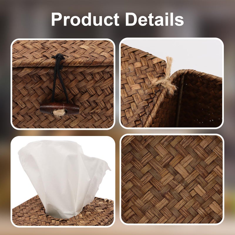 Shonmogar Seagrass Tissue Box Cover,Square Tissue Box with Lid, Woven Tissue Box Holder, Rustic Tissue Holder for Bathroom Vanity Toilet Living Room Bedroom Kitchen Office Car, Coffee - Image 2