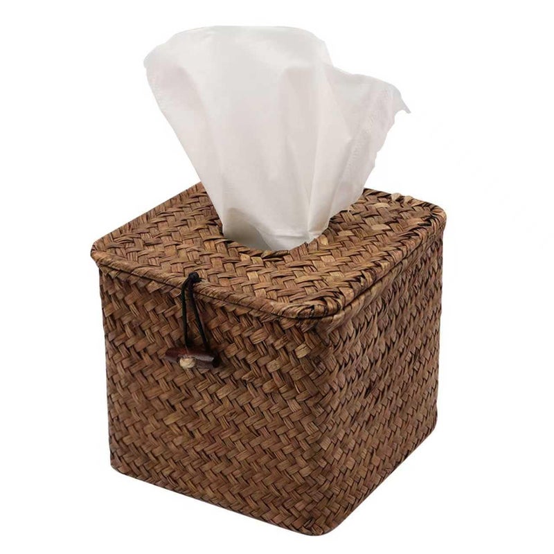 Shonmogar Seagrass Tissue Box Cover,Square Tissue Box with Lid, Woven Tissue Box Holder, Rustic Tissue Holder for Bathroom Vanity Toilet Living Room Bedroom Kitchen Office Car, Coffee - Image 1