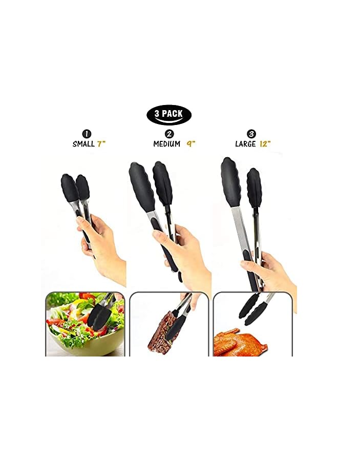 PROMASS Pack Black Kitchen Tongs, Premium Silicone Bpa Free Non-Stick Stainless Steel Bbq Cooking Grilling Locking Food Tongs, 7-Inch,9-Inch & 12-Inch - Image 2