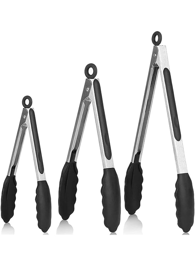 PROMASS Pack Black Kitchen Tongs, Premium Silicone Bpa Free Non-Stick Stainless Steel Bbq Cooking Grilling Locking Food Tongs, 7-Inch,9-Inch & 12-Inch - Image 1