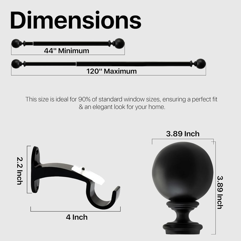 Deco Window Adjustable Curtain Rod for Windows 44 to 120 Inch Pack of 1 Extendable Heavy Duty 1 Inch Iron Drapery Pole with Finials Wall Mounted French Door Curtain Rods Black - Image 4