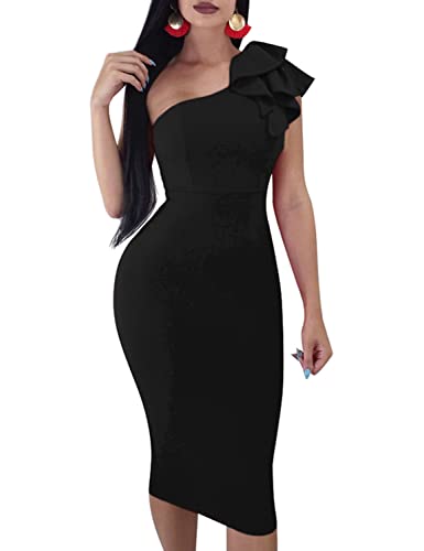 Mokoru Women's Sexy Ruffle One Shoulder Bodycon Elegant Cocktail Party Midi Dresses, X-Large, Black - Image 1