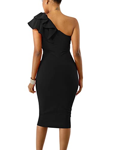 Mokoru Women's Sexy Ruffle One Shoulder Bodycon Elegant Cocktail Party Midi Dresses, X-Large, Black - Image 3