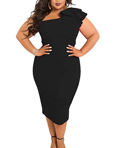 Mokoru Women's Sexy Ruffle One Shoulder Bodycon Elegant Cocktail Party Midi Dresses, X-Large, Black - Image 4